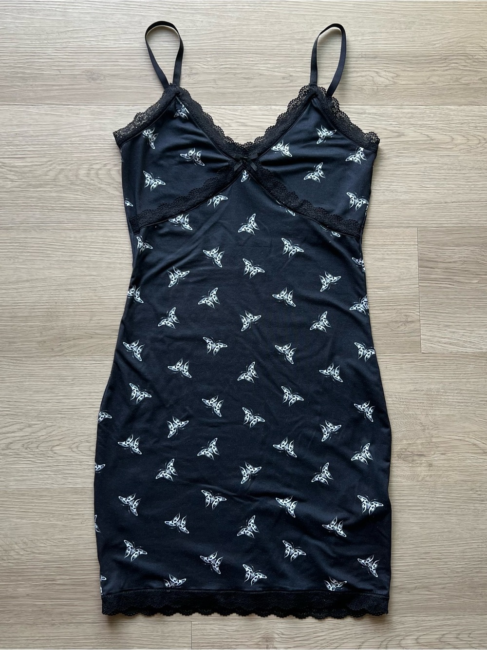 Black Slip Dress with White Butterfly Print